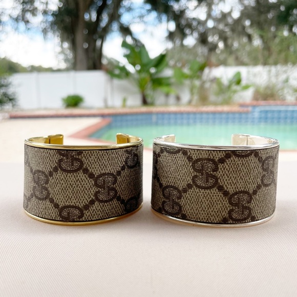 Gucci Monogram Wide Cuff Bangle in Gold - Picture 8 of 11
